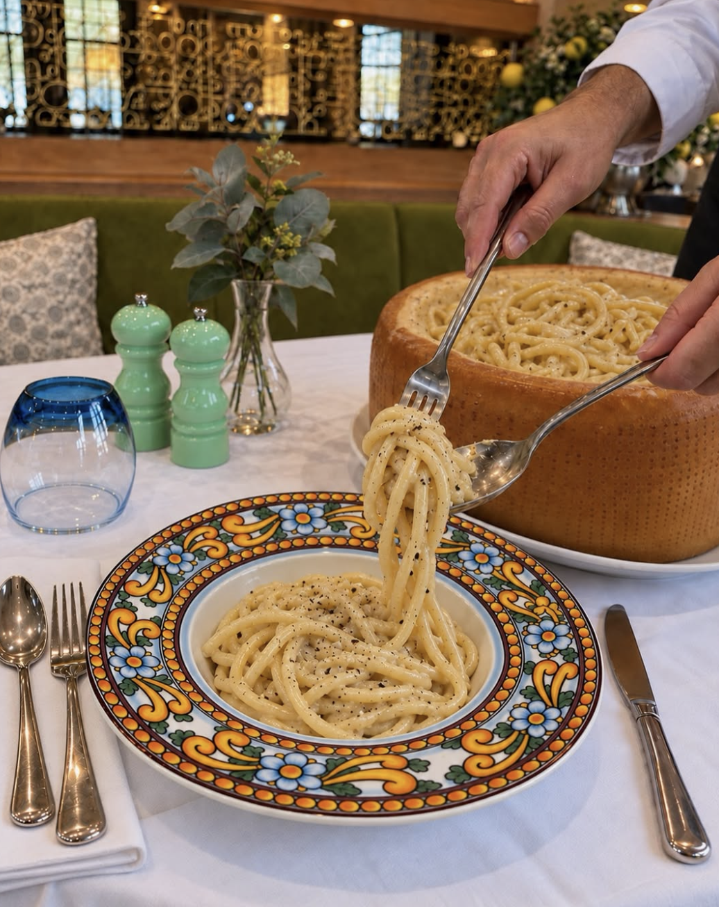Cacio e pepe served tableside from a whole pecorino wheel