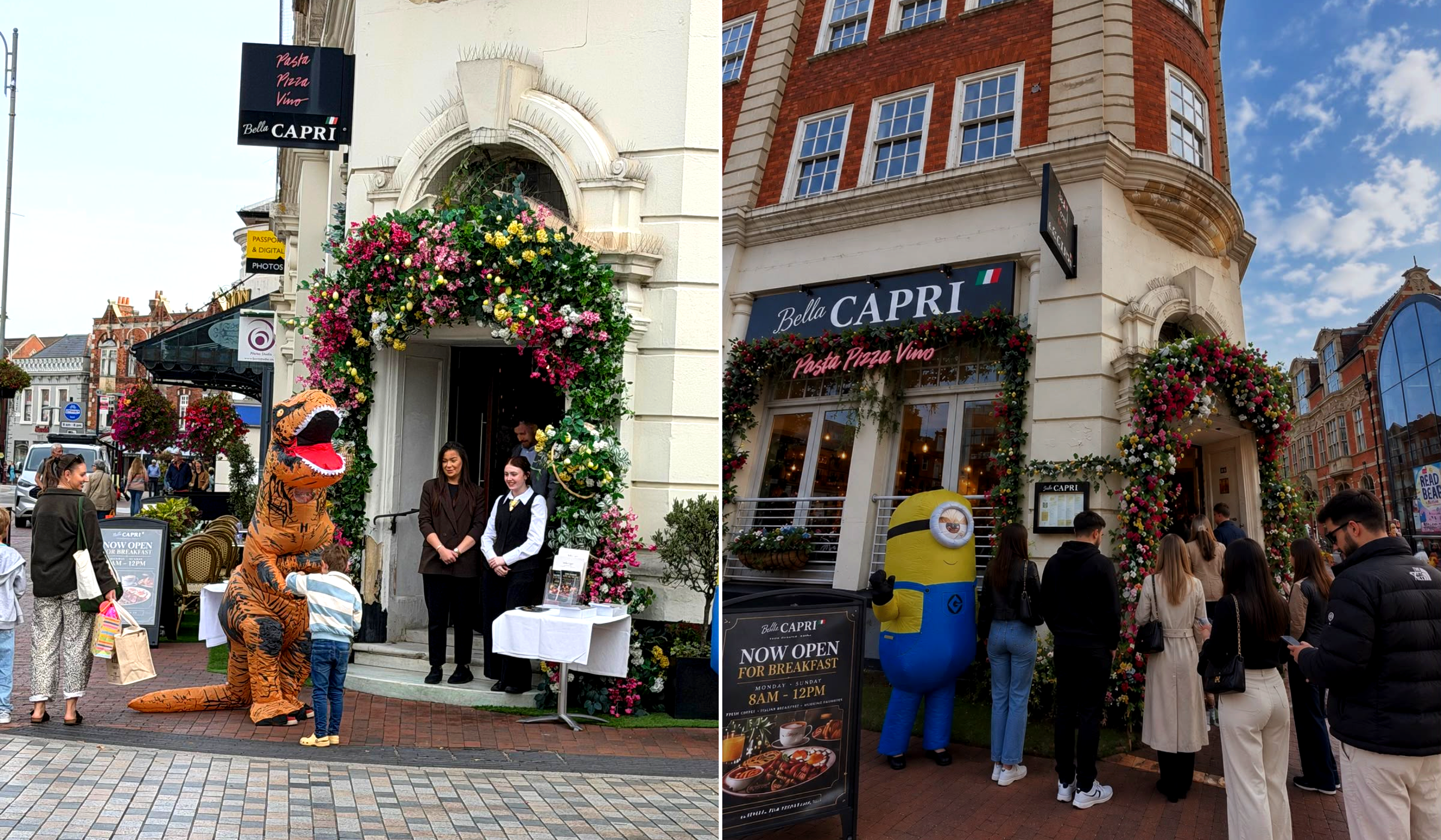 Bella Capri on Mount Pleasant Road, Royal Tunbridge Wells – the flower-arch entrance and guests queuing for breakfast