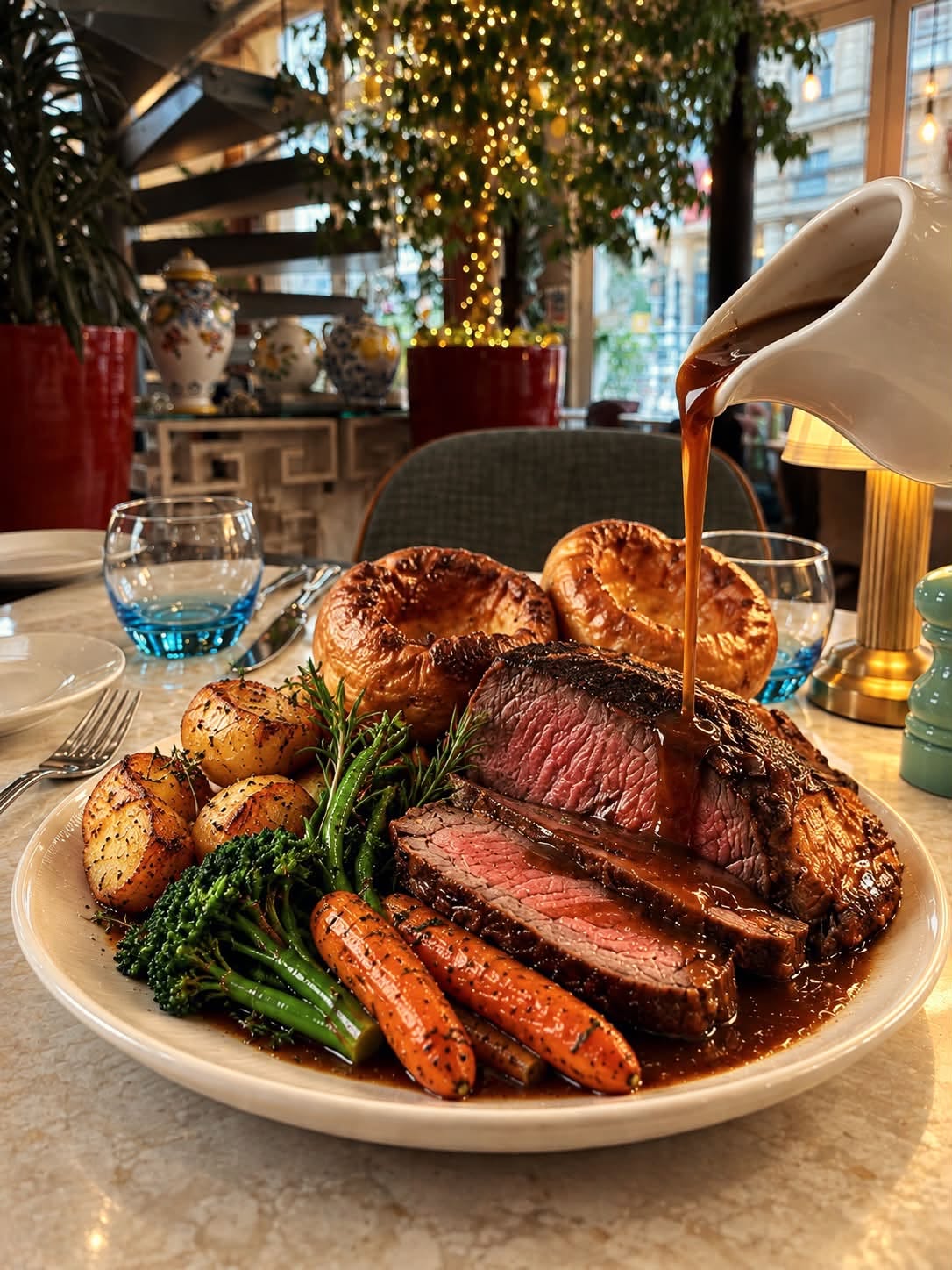 Roast beef with Yorkshire puddings and gravy